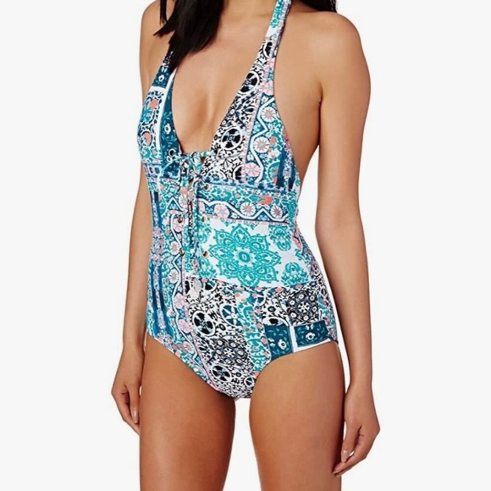 Seafolly Silk Market Lace Up Once Piece Halter Swim Suit